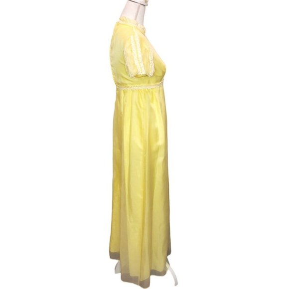 Vintage 70s Womens XS Lemon Yellow Long Maxi‎ Hostess Dress Ruffles Regencycore - Picture 7 of 9